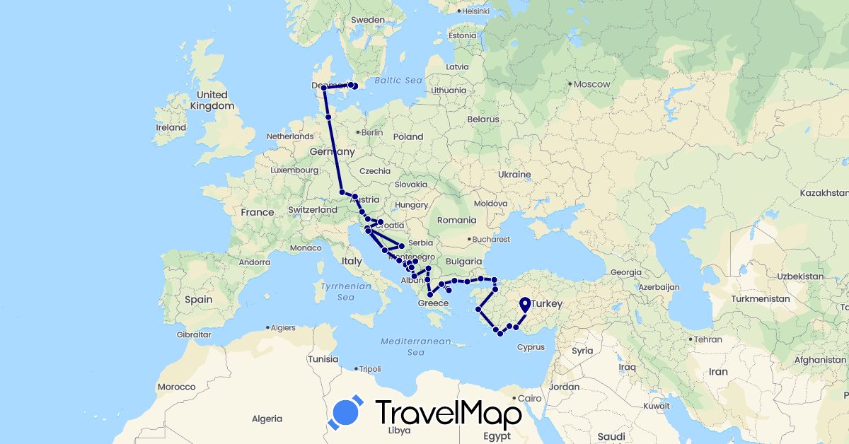 TravelMap itinerary: driving in Albania, Austria, Bosnia and Herzegovina, Germany, Denmark, Greece, Croatia, Montenegro, Macedonia, Sweden, Slovenia, Turkey (Asia, Europe)